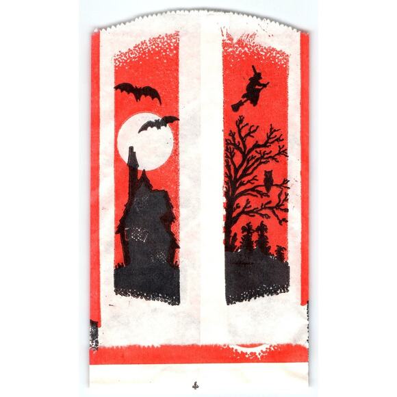 Halloween Vintage Trick Or Treat Goodie Bag Witch On Broom Smiling Moon Man - Picture 2 of 2